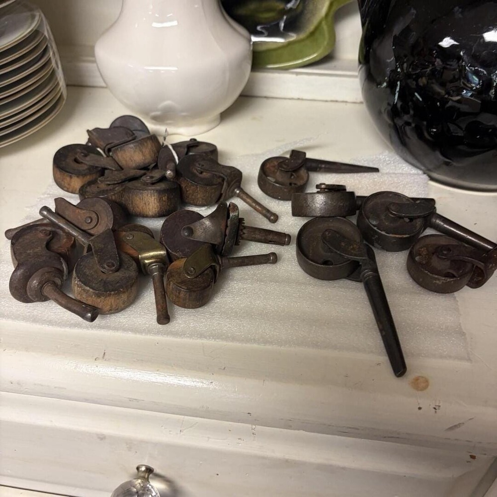 Antique Furniture Casters 12 Wood Wheels & 4 Metal Casters Hardware Lot